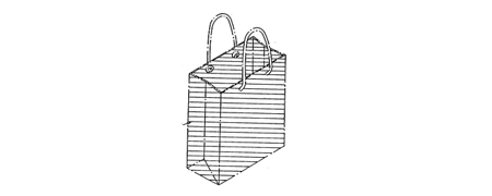 Three-dimensional isometric view line drawing of a shopping bag with horizontal parallel lines drawn through the area to indicate placement of color