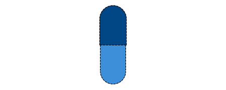 Obling capsule outlined in black dashed line with top half filled with dark blue, bottom half filled with light blue