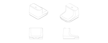 Group of four line drawings of an object in isometric views indicating four views of the object