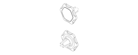 Group of two line drawings of an object in isometric views indicating two views of the object