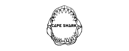 Black line drawing on a white background of an open shark mouth with the words Cape Shark in the center of the drawing spelled out in non-standard, unique, stylized letters