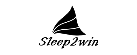 Black line drawing on a white background of three nondescript abstract geometric shapes with the words Sleep2win underneath the drawing spelled out in non-standard, unique, stylized letters
