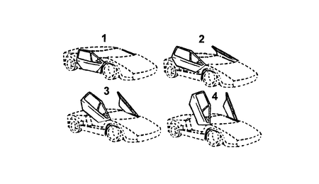 Four stages of motion indicated by solid line drawn areas of a car drawn in solid and dotted lines