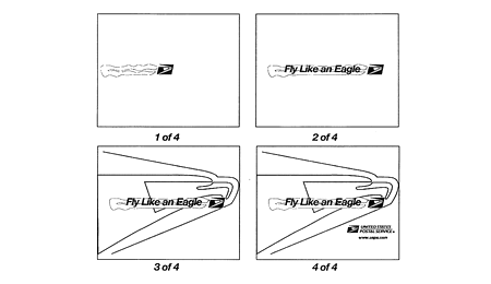 Five stages of consecutive motion indicating a progressive change in the appearance of a graphic shape and a word